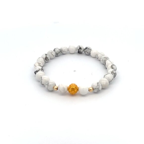 RAFANTHIA Jewelry - 18K Gold Money Ball Lucky Charm Beads Bracelet Gemstones Black White Howlite 6mm